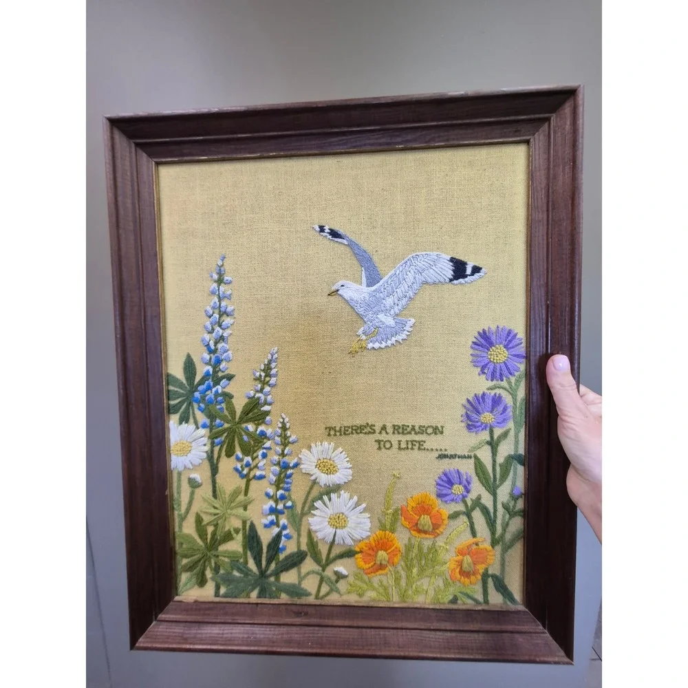 Vintage Crewel Embroidery Framed Art Seagull Wildflowers Jonathan Livingston 70s